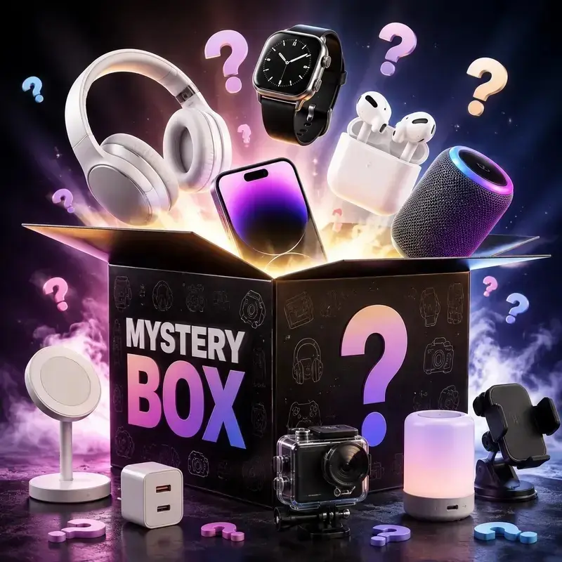 Hot Tech Mystery Box!Uncover Random Mini Drones, Phones, Extension Cords, USB Chargers, Cord-Free Earbuds & Handy 3C Accessories May Be Inside