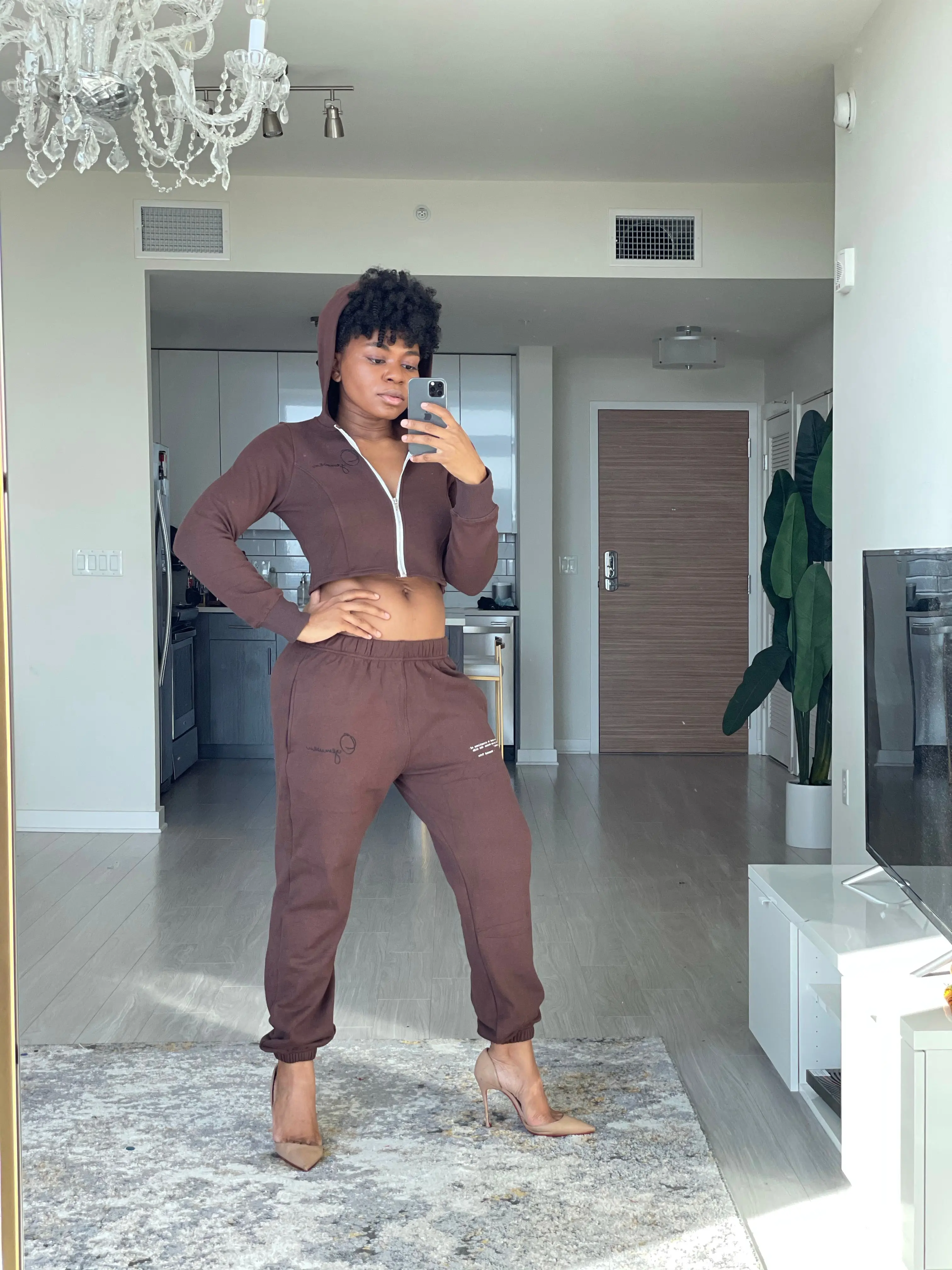Chocolate Crop Hooded Luxe Leisure Sweat Set