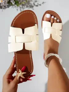 Women's H-Shape Open Toe Sandals Summer Outdoor Flat Slippers High-Quality Trendy Beach Shoes PU Leather Rubber Sole Less Than Ankle Height