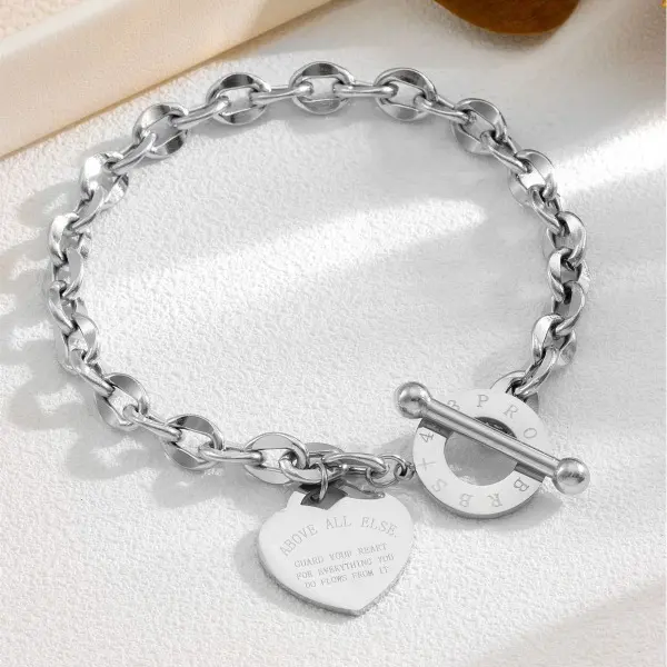 Stainless Steel Heart Shape Bracelet for Women, Romantic Engraved Love Shape Jewelry with OT Toggle Clasp, Romance, Bangle, Engraved Heart, Birthday
