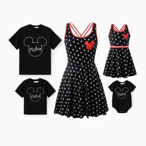 PatPat Disney Mickey and Friends Family Matching 3pcs Set Mickey Mouse Allover Print Sporty Dress Cotton Top Romper Casual Suits Unisex Classic Mickey Design 3D Effect
