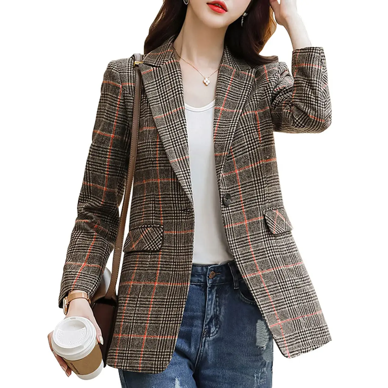 Chouyatou Women's Chic Long-Sleeve Notch Lapel 2-Button Boyfriend Blazer - Houndstooth Plaid, Pocket-Equipped, Trendy Vibe Suit Jacket Coat, Festival