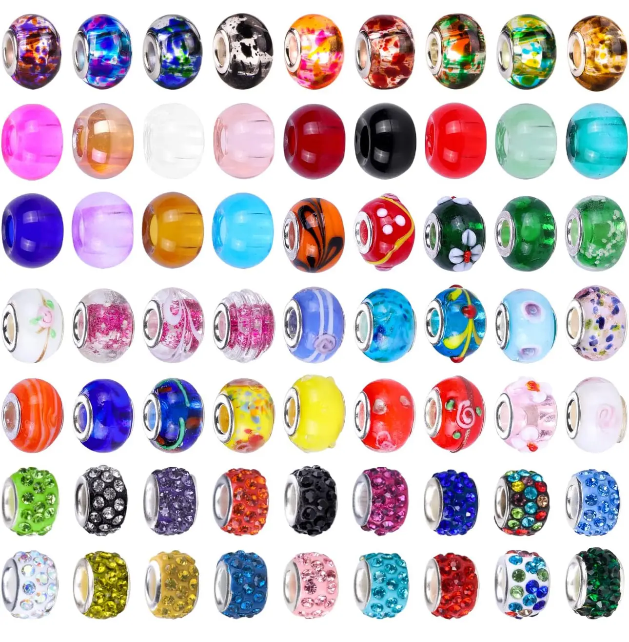 Hand-Crafted European Glass Beads Assortment - Beading Supplies, 80 or 160 Large-Hole Mixed-Color Crystal Spacers for DIY Jewelry Making