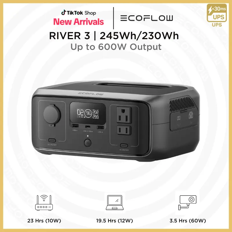 RIVER 3, 230/245Wh, 300W Up to 600W, EF ECOFLOW Solar Generator Portable Power Station LiFePO4 Battery, Up to 600W AC Output, 1Hr Fast Charging
