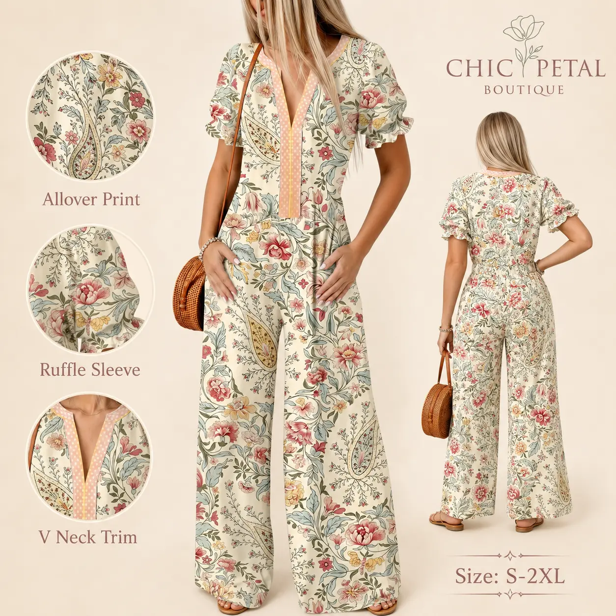 Women’s Floral Jumpsuit, V Neck Short Sleeve Wide Leg One Piece Outfit by Chic Petal Boutique