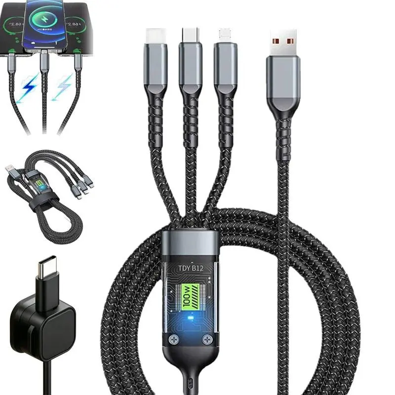 100w Multi Fast Charging Cable, 3 in 1 Multi USB Cable Fast Charging Cord with IP/Type C/Micro USB Ports for Cell
