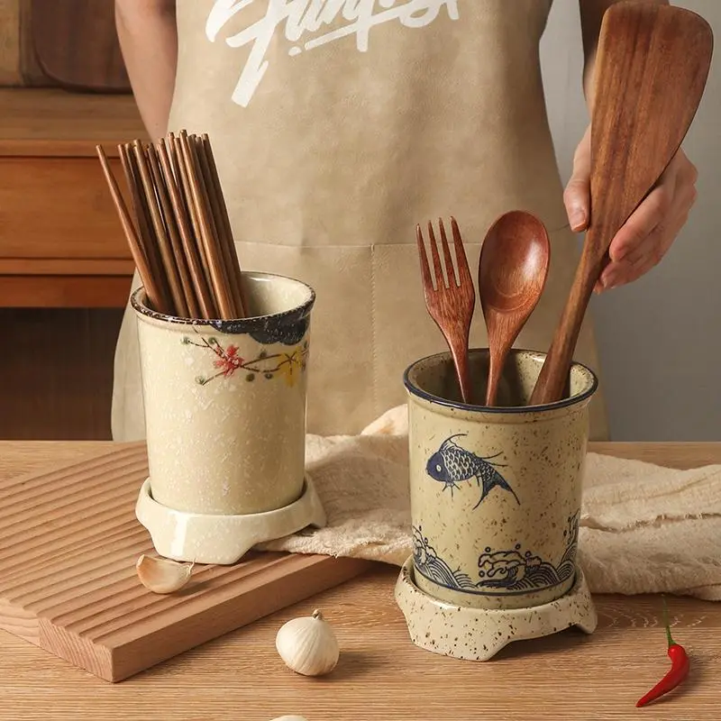 Ceramic Chopstick Holder, 1 Count Kitchen Utensil Storage with Drain Base, Vintage Kitchen Utensil Storage, Home Kitchen Storage & Organization, Racks, Kitchenware