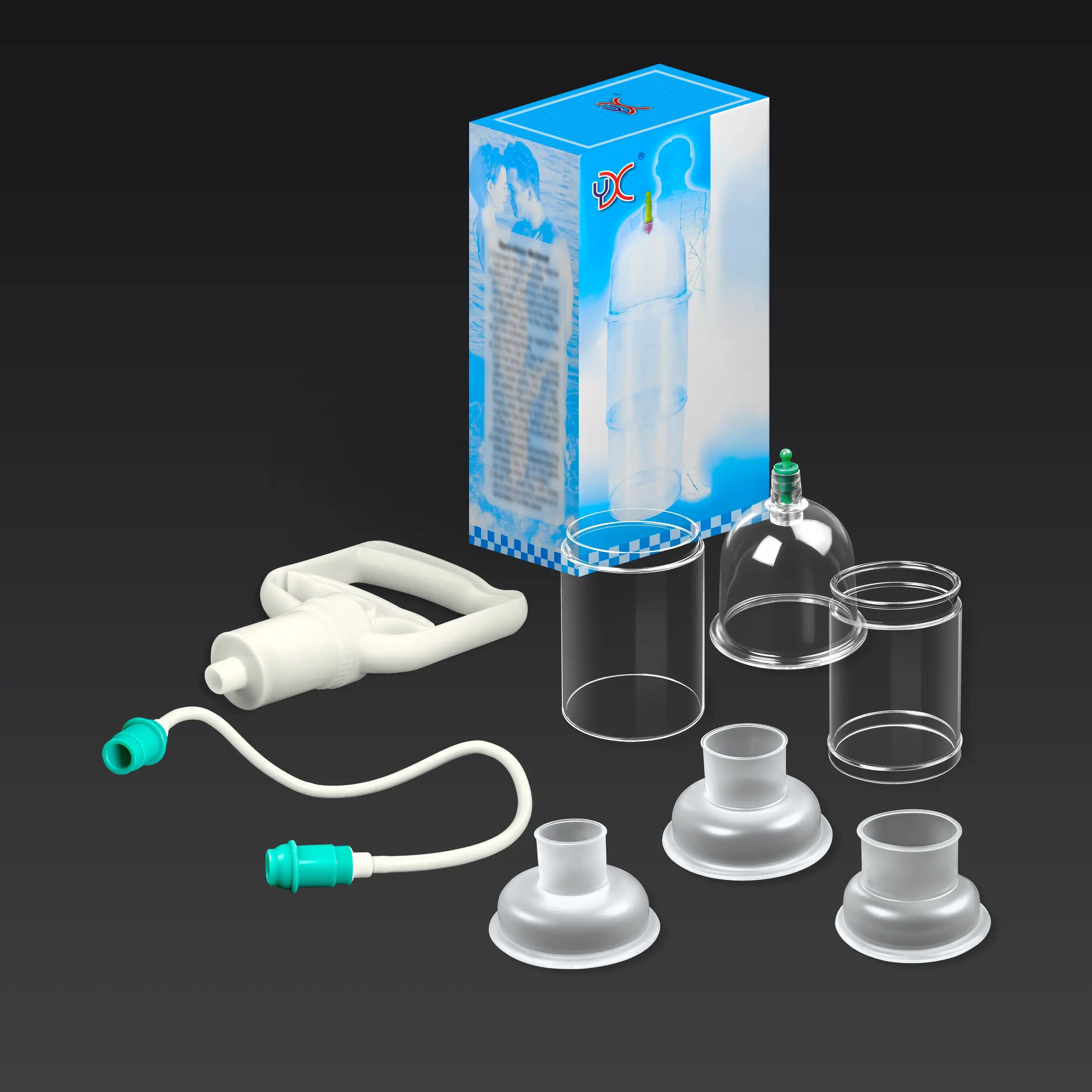 1 Set of Cupping Relaxation Kit- Various sizes of vacuum cups, with a manual pump and a detailed cupping instruction manual- Massage Cupping Kit- Suitable for massage and relaxation. Portable vacuum suction cupping kit.