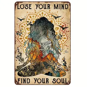 1pc Americana Style Yoga Poster - Iron Wall Hanging Decor with "Lose Your Mind, Find Your Soul" Quote - Vintage Meditation Art for Bedroom - 12x8 inches - No Electricity Needed wall art sign durable iron wall art metal wall sign Vintage Metal Tin Sign
