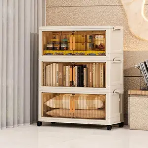 Thickened Storage Cabinet, No Assembly Required, Large Capacity Stackable Organizer for Living Room, Kids Snacks & Toys, Multi-Layer Plastic Storage Box with Transparent/Real Color Door, Rolling Storage Cabinet