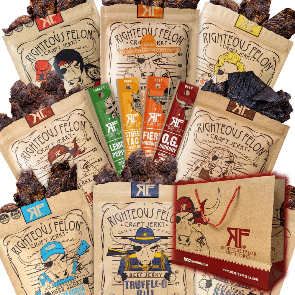 Jerky & Meat Stick Sampler 12-Pack - Premium High-Protein Snacks by Righteous Felon, Gift Bundles for Men and Women, Father's Day gift Ideas, Gluten Free