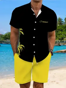 Men's summer fashion short-sleeved shirt and shorts set, featuring a fashionable palm leaf pattern design, is suitable for casual vacations and beach wear. The loose and breathable two-piece outfit with letter decorations is extremely fashionable.