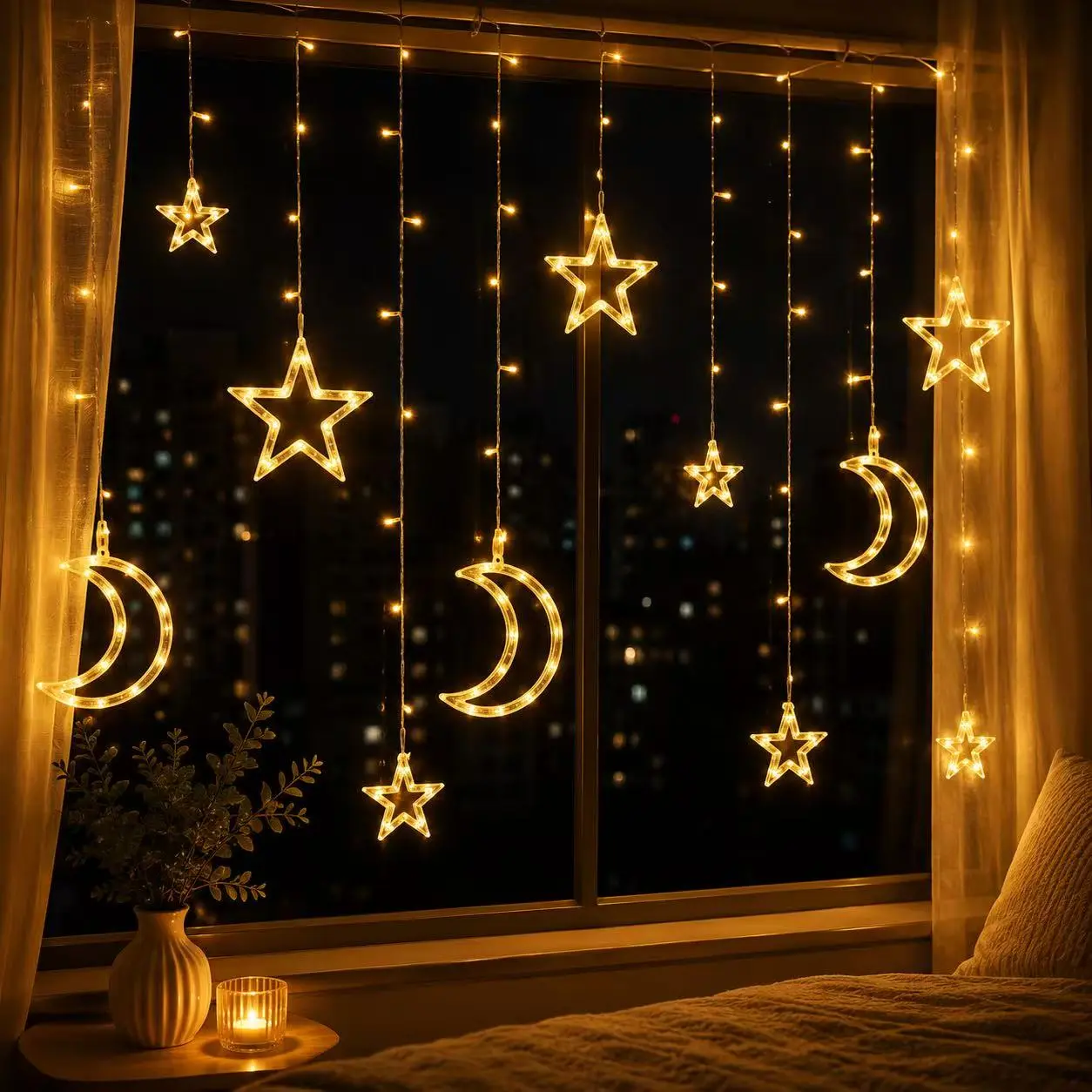 Plug-in Star & Moon Curtain String Lights, US Standard Plug, Remote Control, Warm WhiteColor Changing LED Fairy Lights, 8 LightingModes, Energy Efficient, No Batteries Required,for Bedroom, Christmas Decor, Party & DailyHome Decor