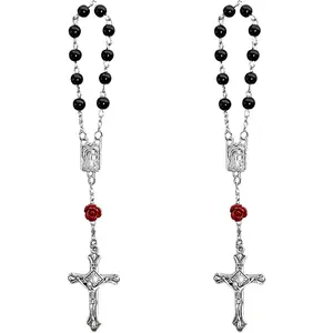 2 count  Rosary for Rearview Mirror, Rear View Mirror Charm Blessing Beads Pendant Interior Decor, Personalized Medal and    Accessories for Women Men (Black)