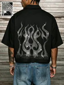 Hip Hop Rhinestone Flame Men's Shirt, Short Crop Top, Casual Streetwear, All-Over Print Design, Perfect for Daily Wear