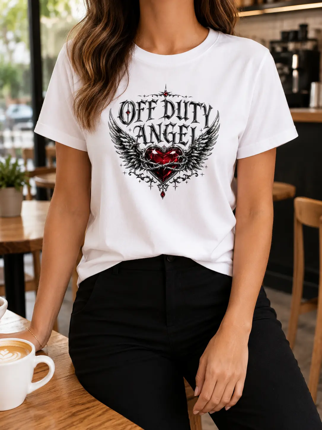 Off Duty Angel Winged Heart Graphic Cotton T-Shirt | White Crew Neck Short Sleeve Tee | Relaxed Casual Fit Gothic Coquette Y2K Streetwear | Red Jewel Heart Barbed Wire Print for Café, Concert and Summer Outfits 2204