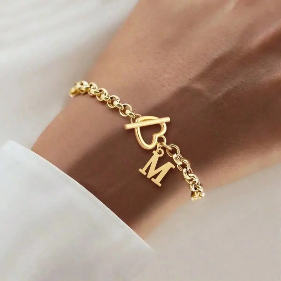 Women's Gold Heart Initial Non-Tarnish Stainless Steel Letter Bracelet with Toggle Clasp - Heart Shaped Bracelet, Costume Jewelry, Personalized Love Gifts for Mom/Girlfriend, Bracelets For Women