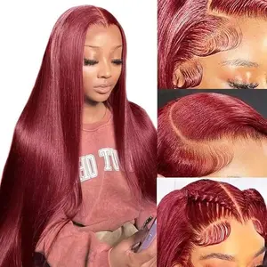Burgundy Wig Human Hair 30inch 13x6  Transparent Lace Straight 99J Red Human Hair Wig Colored Reddish Brown Lace Frontal Wigs 180% Density Pre Plucked