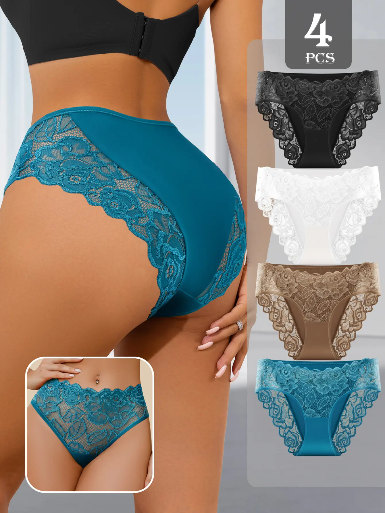 Women's 4-Pack Basic Patchwork Lace Briefs - Full Coverage, Semi-Sheer, Breathable, Lightweight, Silky Comfortable Fabric, Anti-Roll Edge, Elegance, Mixed Color(4pcs) - Everyday Wear, Sensual Gift Panties, S-XL, Limited-Time Deal
