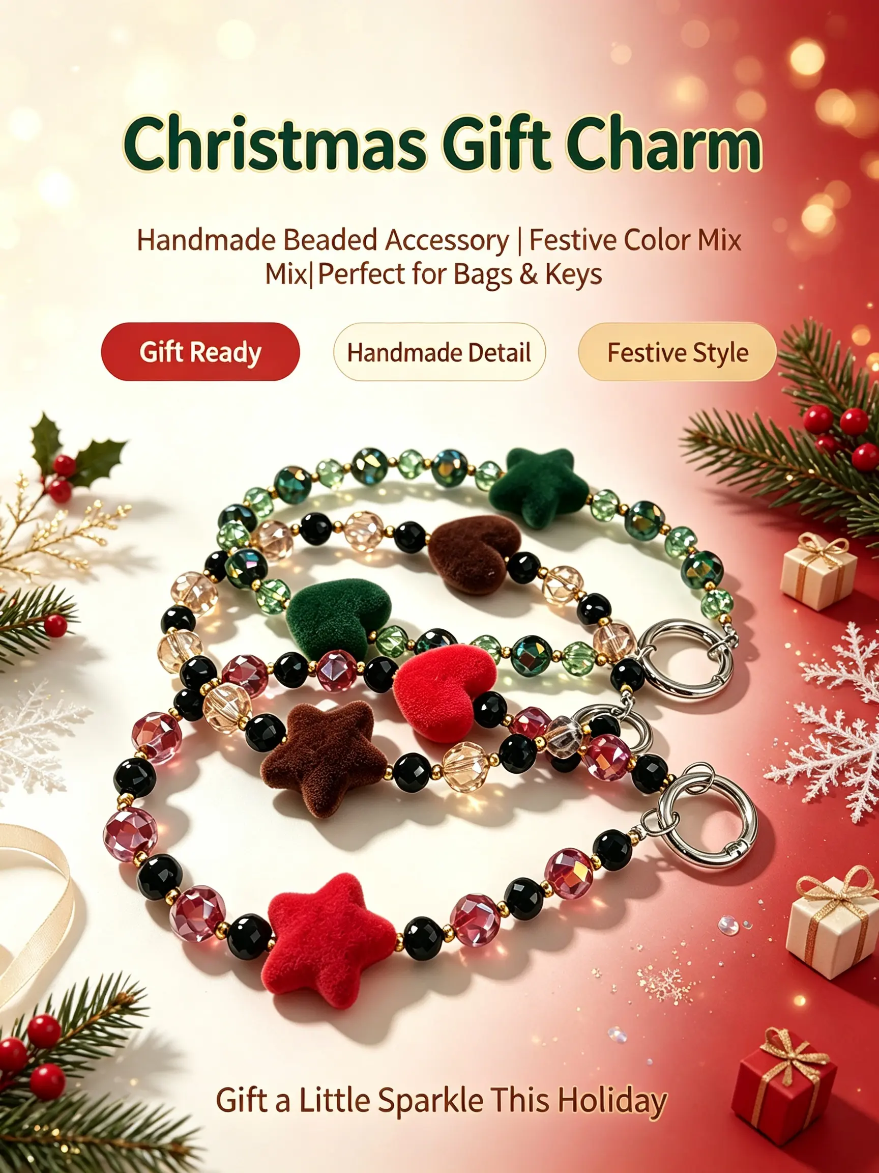 Christmas Beaded Charm, Handmade Charm with Flocked Star & Heart, Christmas Holiday Gift
