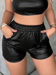 Women's Solid Color PU Leather Shorts, Casual Comfy Shorts, Fashionable Buckle Decor Shorts for Daily Outdoor Wear, Women Bottoms for Spring Summer Fall