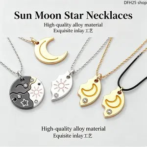 Set Of 3 Round Rhinestone Pendant Necklaces, Sun Moon Star Design, BFF Friendship Jewelry, Ideal For Best Friends Matching Wear, Cute Fantasy Style, Symbolize Unbreakable Bond And Eternal Friendship For Daily Casual Decoration