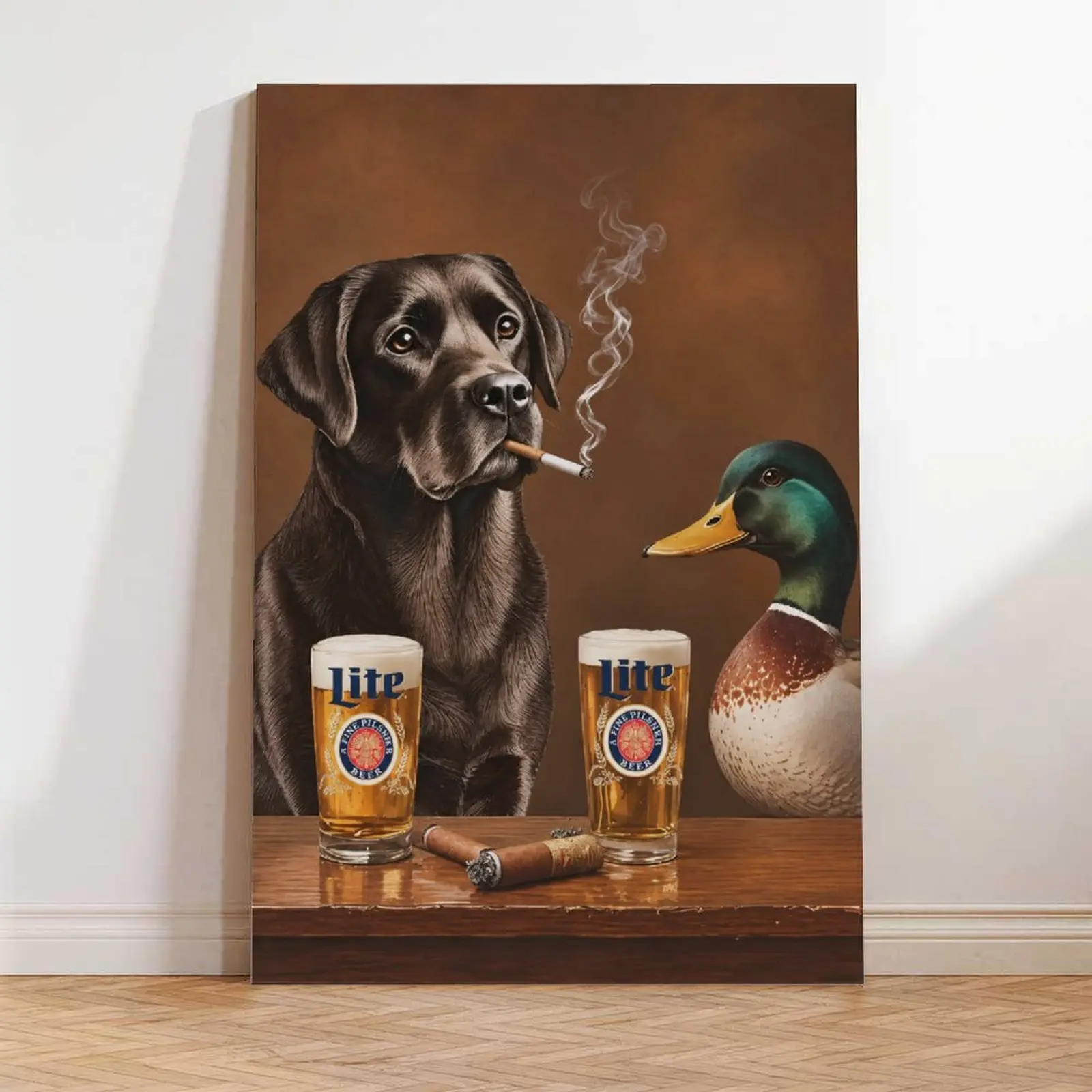 Vintage Animal Canvas Wall Art Posters - Funny Smoking Dog Drinking Beer, Retro Abstract Mallard Print, Bar & Living Room Decor, Home Interior Decoration, Conversation-Starter Accent Graphic