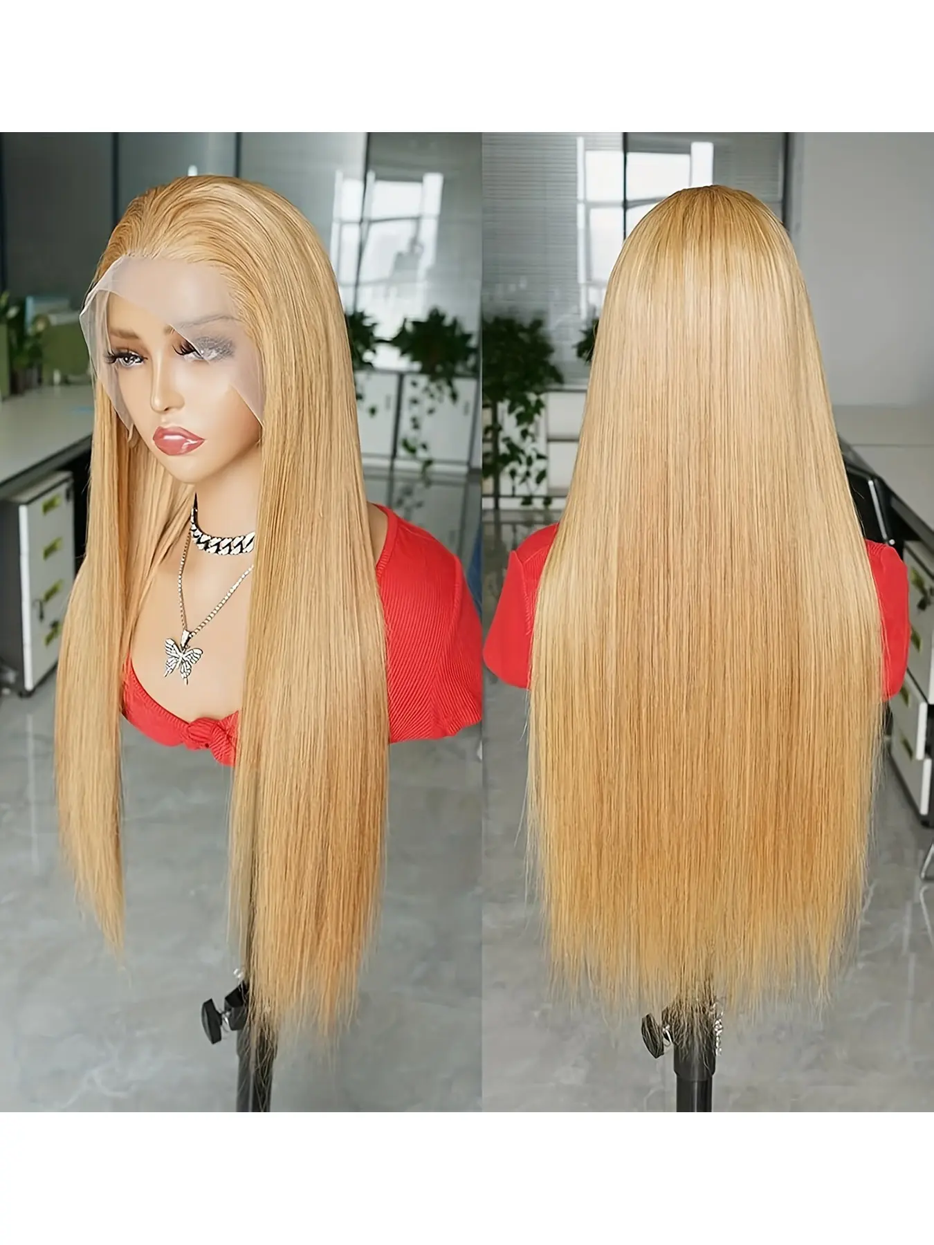 NEW !  Long 27 Inch Hair Straight Wig Golden 180% Density Honey Gold Lace Front Wig, Glueless Frontal Wig  main image 4