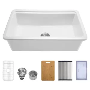 33 X 19 Inch Fireclay Farmhouse Sink, Topmount and Undermount Single Bowl Kitchen Basin, Durable White Ceramic Finish, Easy Clean Surface, Reversible Apron Front, Undermount Compatible, Heavy Duty Construction