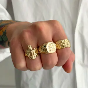 Set of 3 minimalist geometric pattern rings, adjustable punk-style jewelry for men, Nugget rings