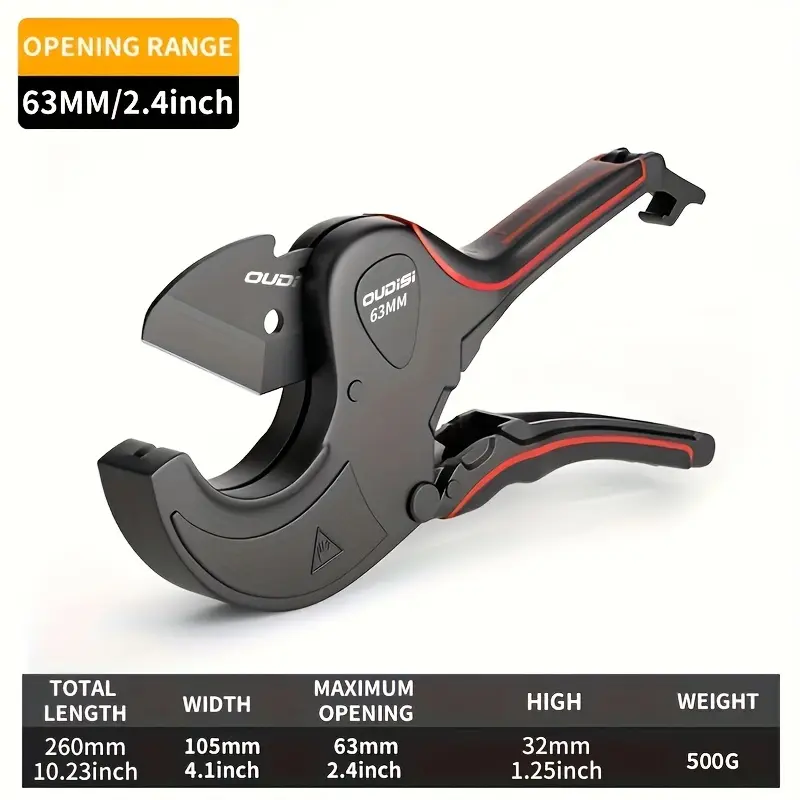 OUDISI Professional Multi-Functional Pipe Cutter - 63MM/2.4in Opening Range, Non-Foldable Steel Blade, Alloy Body, Textured Grip, for Cutting PVC, PPR Pipes, No