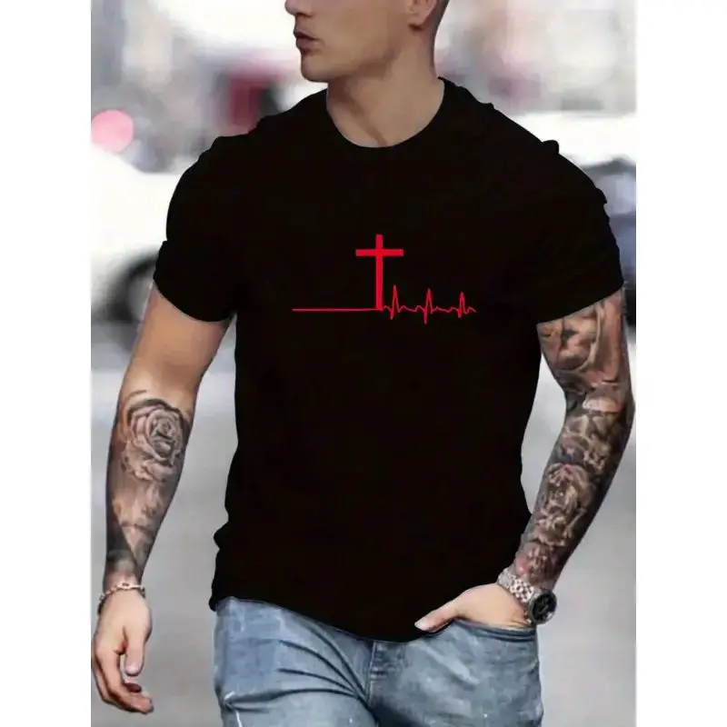 Men's T-Shirt with Cross Pulse Print - Knit Polyester Blend Crew Neck Tee, Regular Fit, Slight Stretch, Breathable Comfort, Ultra-Soft, Moisture-Wicking, Versatile for Gym & Casual Wear Crewneck Menswear