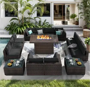 15 Pieces Patio Furniture Set with 44" Fire Pit Table,Rattan Outdoor Sectional Conversation Sets,All Weather Outdoor Furniture Set with Cushions for Garden Lawn Balcony Porch Deck