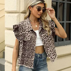 Woman's Leopard Print Denim Vest Jacket Ruffle Sleeve Crop Top Casual Streetwear Vintage Chic Fashion Outerwear Lightweight Breathable Summer Fall Trendy Outfit