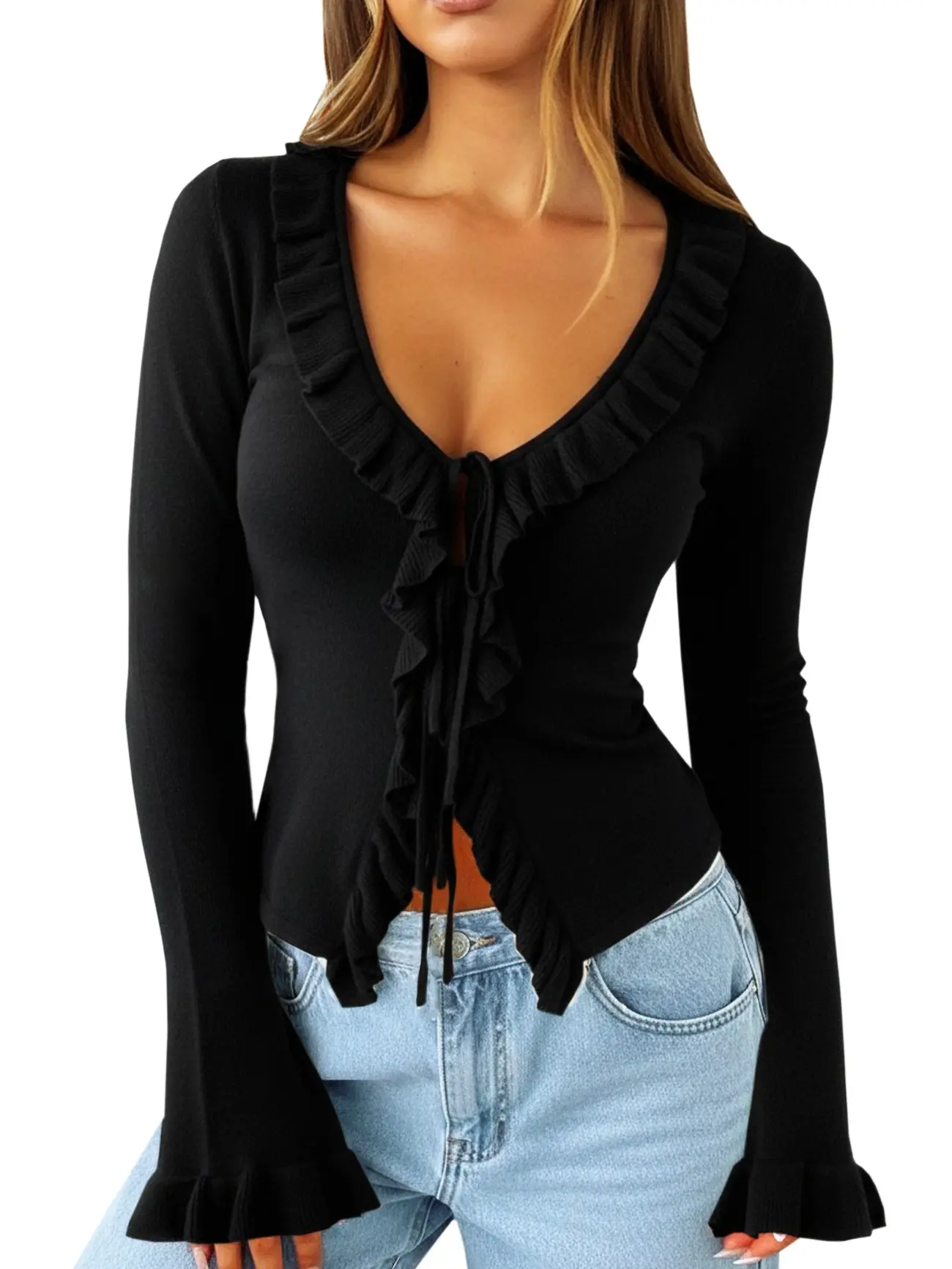 Navneet Women Ruffle Tie Front Cardigan Sweater Long Bell Sleeve Cropped Knit Top Cute Y2K Fashion Feminine Layering Shirt Soft Girl Coquette Style Trendy Casual Daily Outerwear for Party Club Date Night Vacation Fall Winter