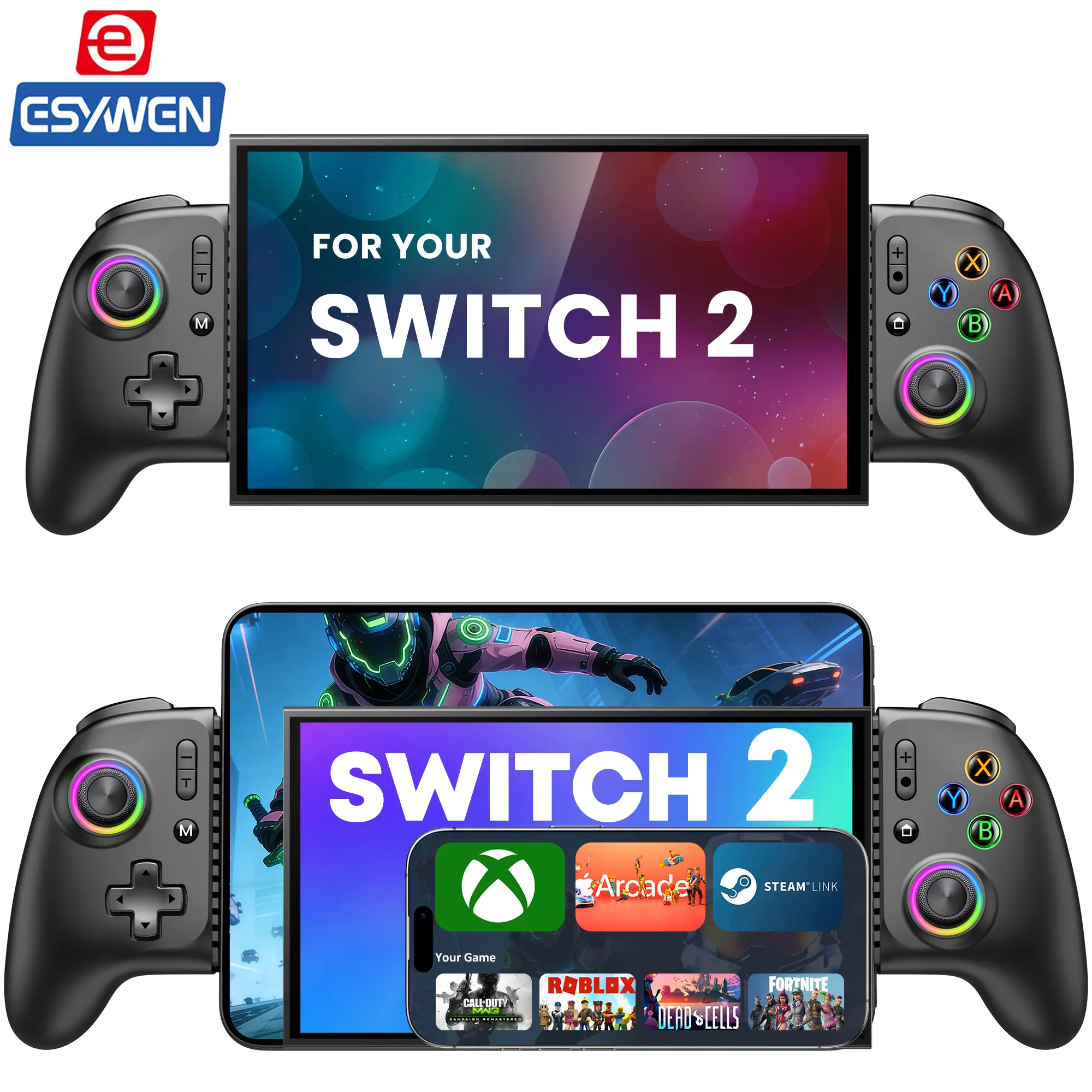 ESYWEN MC2 Max Controllers for Switch 1/2/Oled/iPhone/Android/iPad Mini Handheld Gaming with RGB Light /Programmable/Hall Effect Joysticks & Analog Triggers