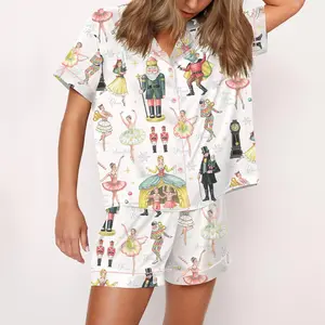 Nutcracker Ballet Christmas Satin Pajama Set For Women Print Comfy Satin Sleepwear & Loungewear Pjs Printing Silky Top & Bottoms - SHESHOW