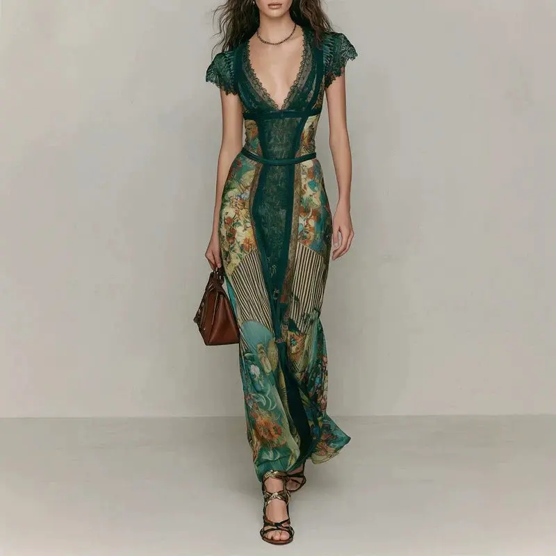 Vintage Emerald Green Lace V-Neck Short Sleeve Patchwork Oil Painting Print Fitted Flared Vacation Fish Tail Long Dress