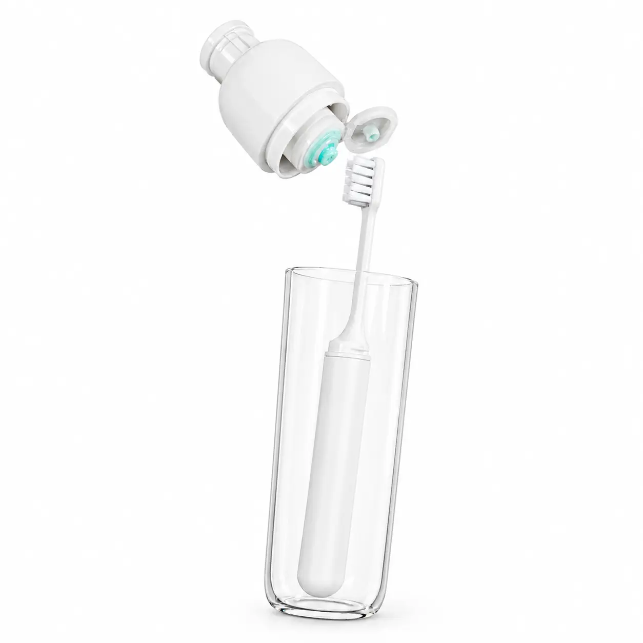 Portable 3-in-1 Travel Toothbrush Cup with Refillable Toothpaste Dispenser Cap, Foldable Toothbrush and Portable Rinse Cup