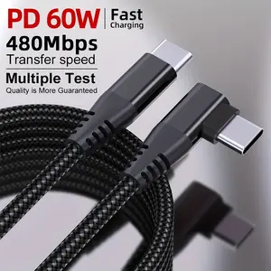 90-degree USB C to USB C data cable PD 60W fast charging nylon braided, suitable for Samsung MacBook Pro iPad Pro charger Type C cable