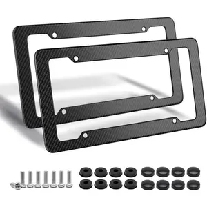 Carbon Fiber Pattern Glossy Waterproof Plastic License Plate Frame 2 Pack with Fasteners and Screws for Men and Women