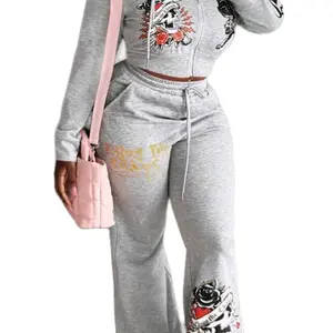 Plus Size Skull & Letter Print Hooded Zip-Up Sweatshirt Top and Pants Set - Gray Womenswear for Holidays, New Year, Valentine's Day - Clothing Suits Long Sleeve Comfort