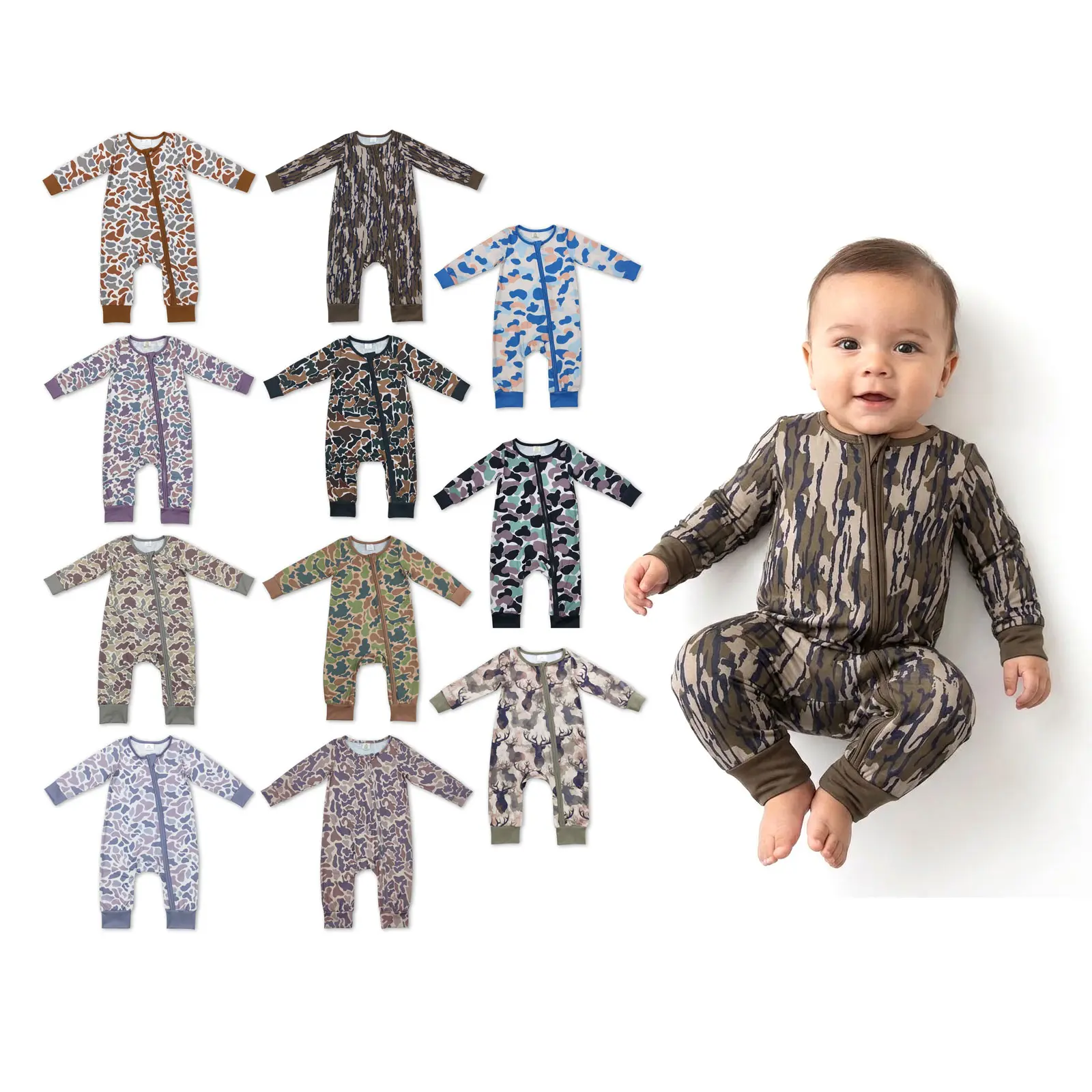 Unisex Cotton Camo Bodysuit - Long Sleeve Zip-Up Romper, Infant Toddler Clothes for Play, Naps, Baby Clothes, Onesie Bodysuit, Zipper Closure Bodysuit