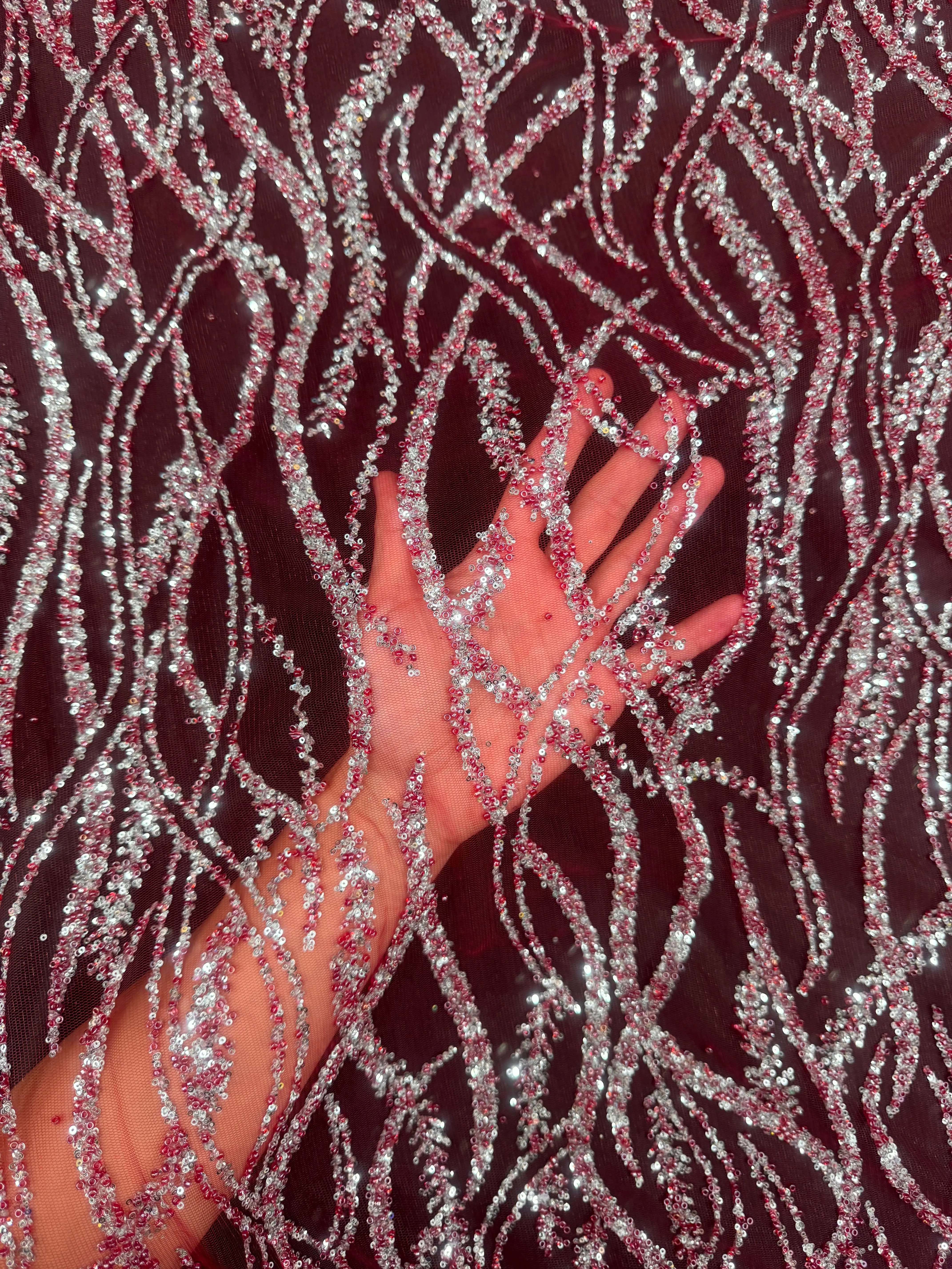 Red/Silver Wave Design Glitter Lace Mesh