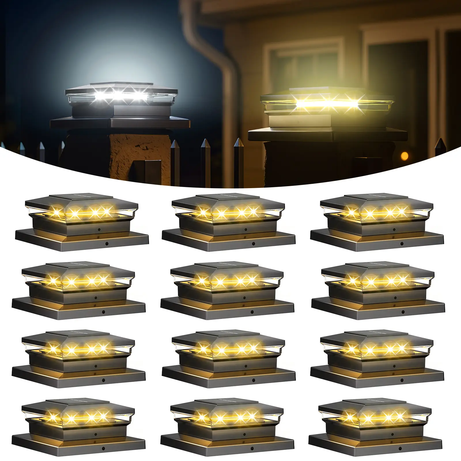 Solar Post Cap Lights,12 Pack  Waterproof Outdoor Fence Lights for 4x4, 5x5, 6x6 Wood Posts/Vinyl– Cool/Warm White for Patio, Porch, Garden