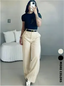 Women's Plain High-Waist Elegant Casual Business Pants, Suitable for Office and Daily Wear, All-Season Commuter Trousers