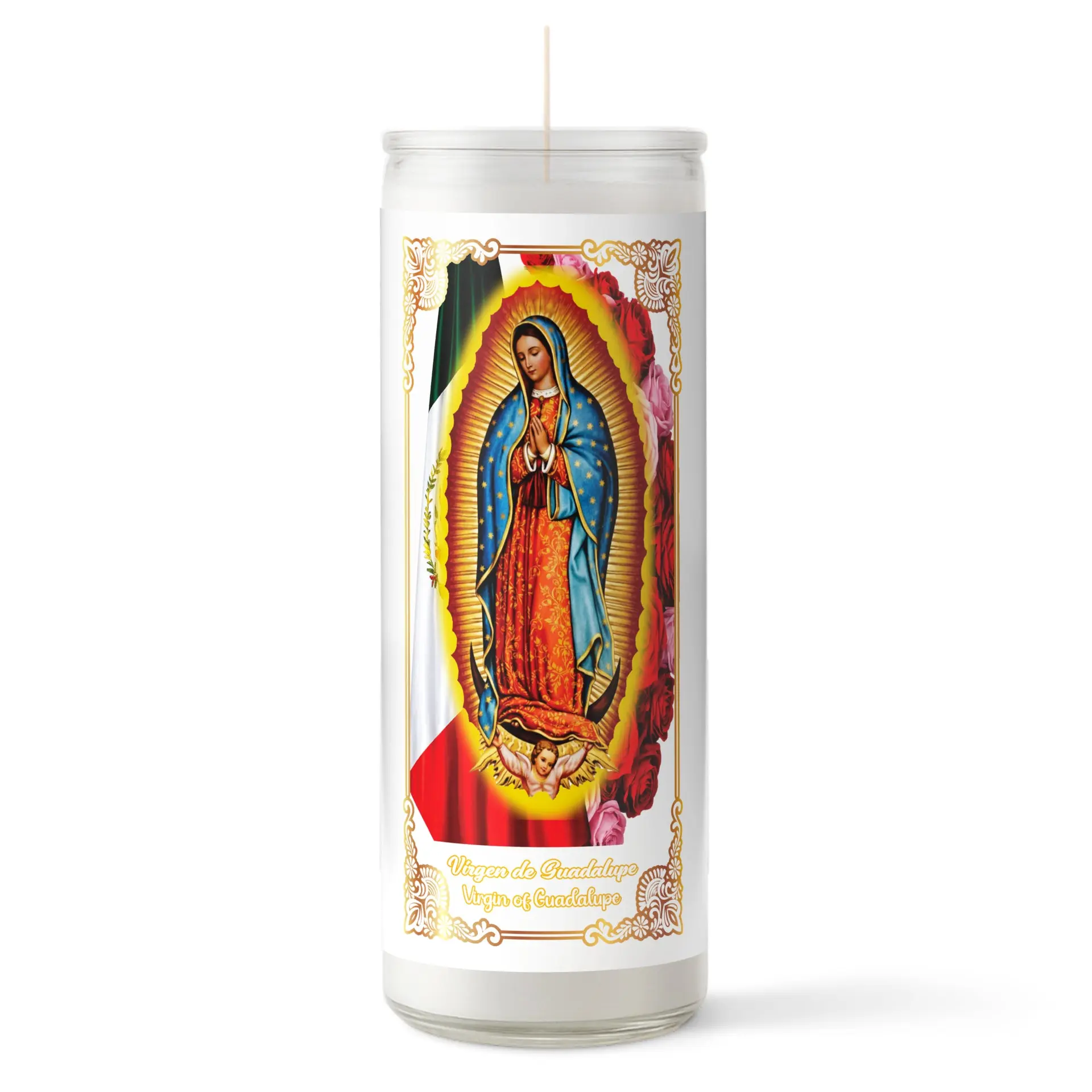 Virgen de Guadalupe Glass Pillar Candle - White | Veladora de la Virgen de Guadalupe Blanca
