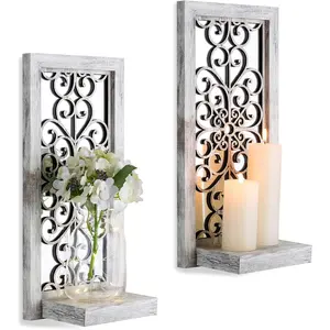 Mirrored Wall Candle Holders Decorative White - Farmhouse Wall Candle Sconces Set of 2 Washedwhite Candle Holder Decor for Small Vase Tealight Pillar Candles