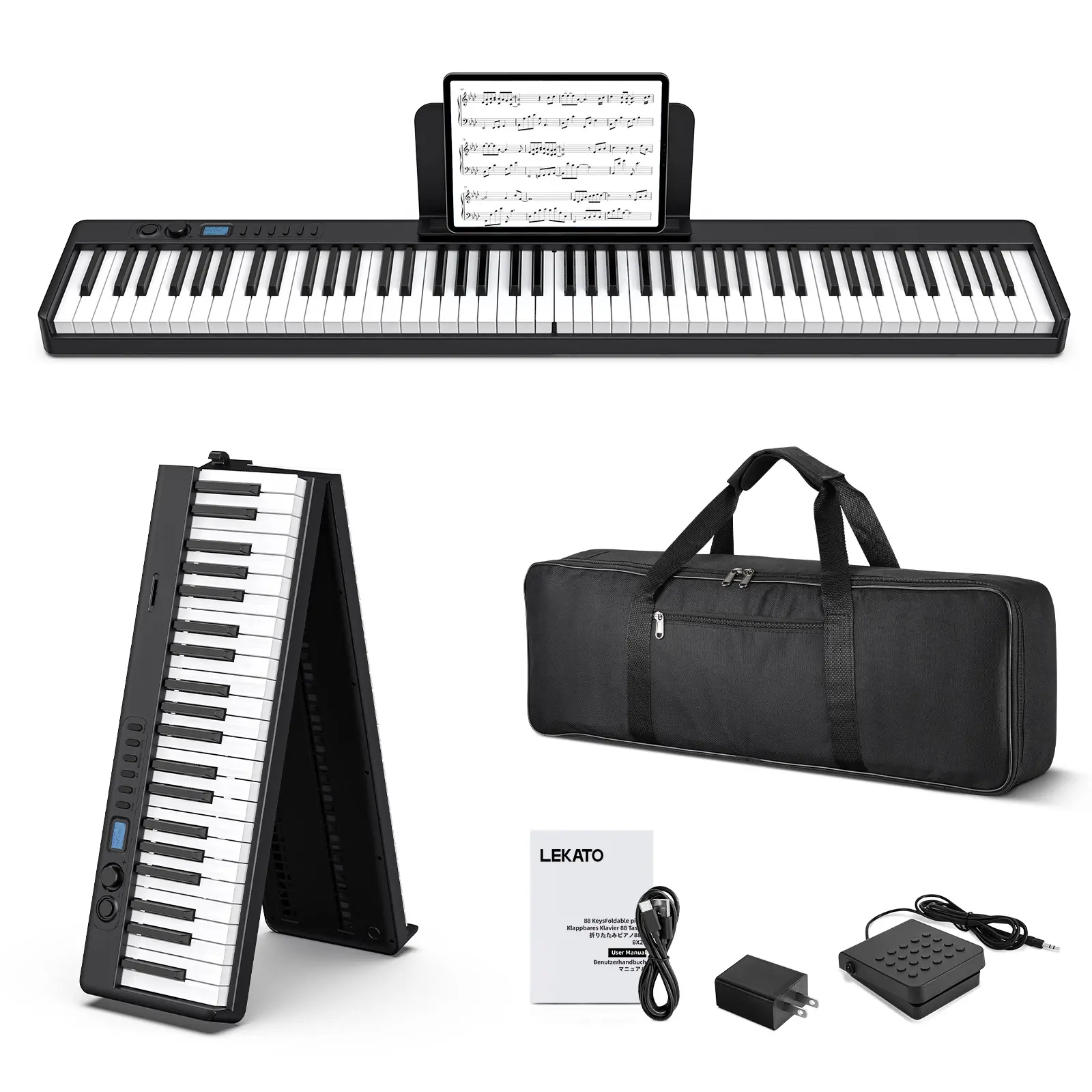 LEKATO Portable 88 Keys Electric Piano Keyboard, Foldable Digital Piano with Full Size Semi-Weighted Velocity Keys, Wood Grain, Learning Mode, LCD Screen, Bluetooth USB Midi