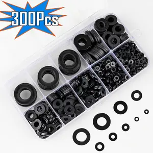 300pcs Black Nylon Coated Polyester Flat Gasket Sealing Rings - M2-M10 High Temperature Resistant Electrical Connections, Marine Applications, Durable Fastening Accessories with Transparent Storage Box